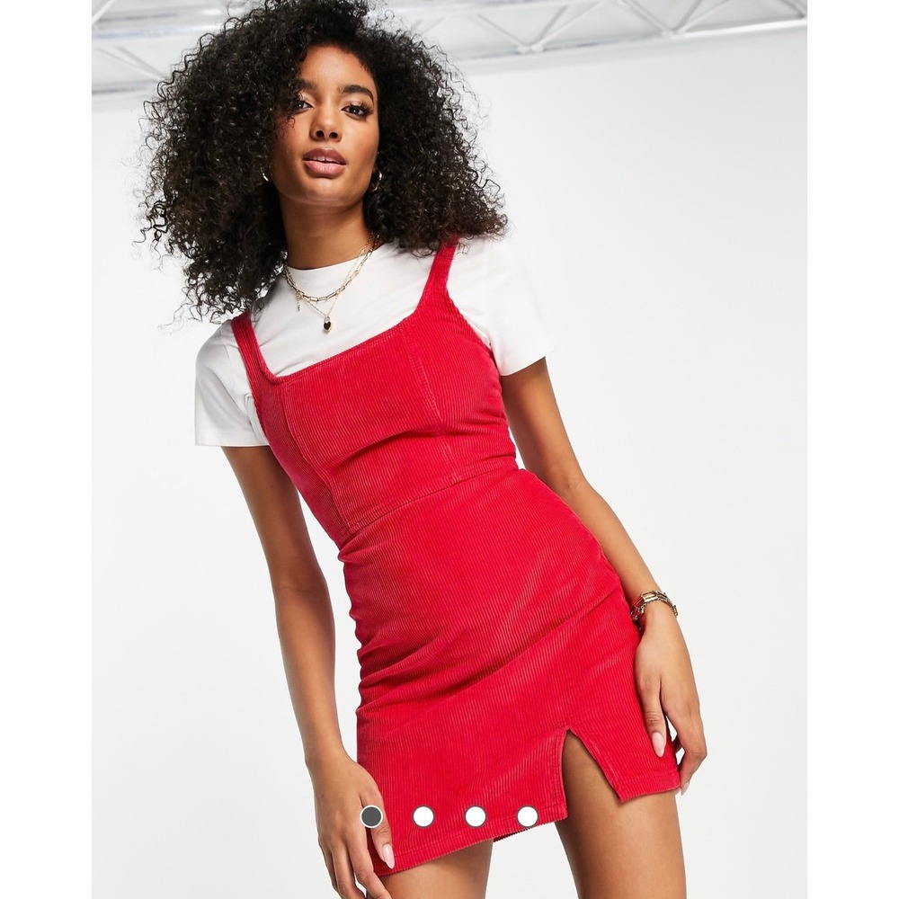 ASOS DESIGN Pink Corduroy Fitted Pinafore Mini Dress Square Neck Slit US 14